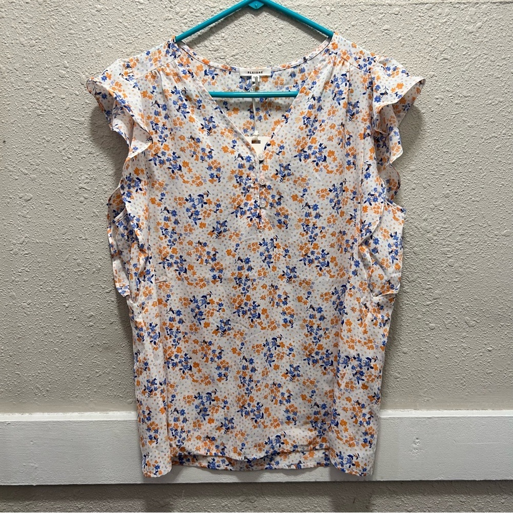 Pleione Orange and Blue Floral Ruffle Short Sleeve Blouse NWT Medium
